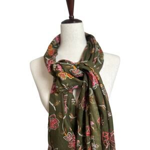 Talbots Green Pink Floral Oblong  Scarf Modal Cotton Imported NWT 27”x27”
